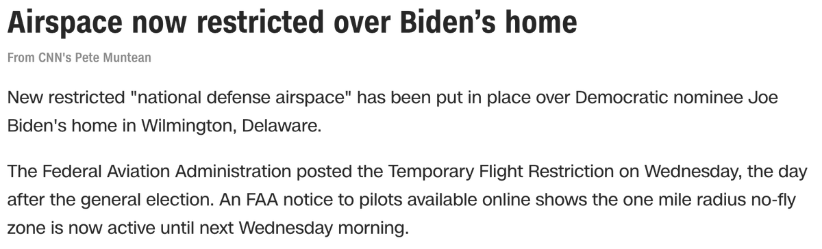If a coup to keep Trump in power after Jan. 20, 2021 is underway, why would the FAA create a no-fly zone over Biden's house? Why is the Secret Service beefing up Biden's security detail? Both agencies are executive branch. https://www.cnn.com/politics/live-news/trump-biden-election-results-11-06-20/h_8cd2333f39a78ee9080a753e0433035a https://twitter.com/petemuntean/status/1326180354236014592