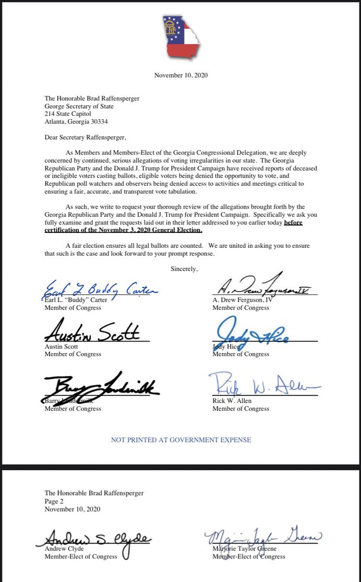 With these letters, Georgia’s entire Republican Congressional delegation+state Republican Party are all pushing - without any specific evidence - that there are irregularities that cloud the state’s election AND somehow only affected 3 GOP candidates that didn’t win/win outright.  https://twitter.com/garepublicans/status/1326255088101371907