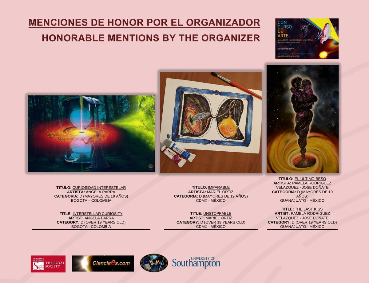 AstroAltamirano's tweet photo. Queridos Astro-artistas, 

como ya les había contado a algunos de ustedes, el jurado estuvo compuesto de 2 artistas profesionales y 2 astrónomos profesionales. Yo solo participe como “presidente de mesa”. No obstante, no podía dejar pasar la oportunidad de elegir 3 menciones ... https://t.co/a8PB41Xwh9