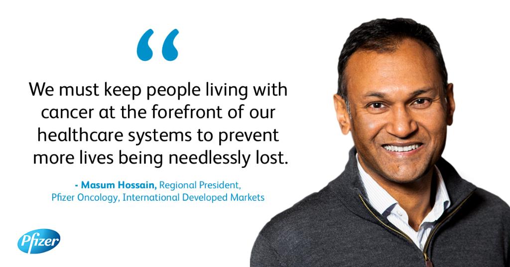 pfizer's tweet image. Yesterday, our Masum Hossain spoke during @TheEconomist #WorldCancerSeriesEurope, about the challenges #COVID19 has presented for people living with #cancer &amp;amp; how we can ensure they continue to receive proper care throughout the pandemic. Watch here: bit.ly/3pga34W
