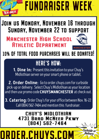MHSLancers's tweet photo. Please help support the Manchester Athletic Department November 16th - 22nd at Chuy's Midlothian!!  🌮 https://t.co/ywMhs6vSLo