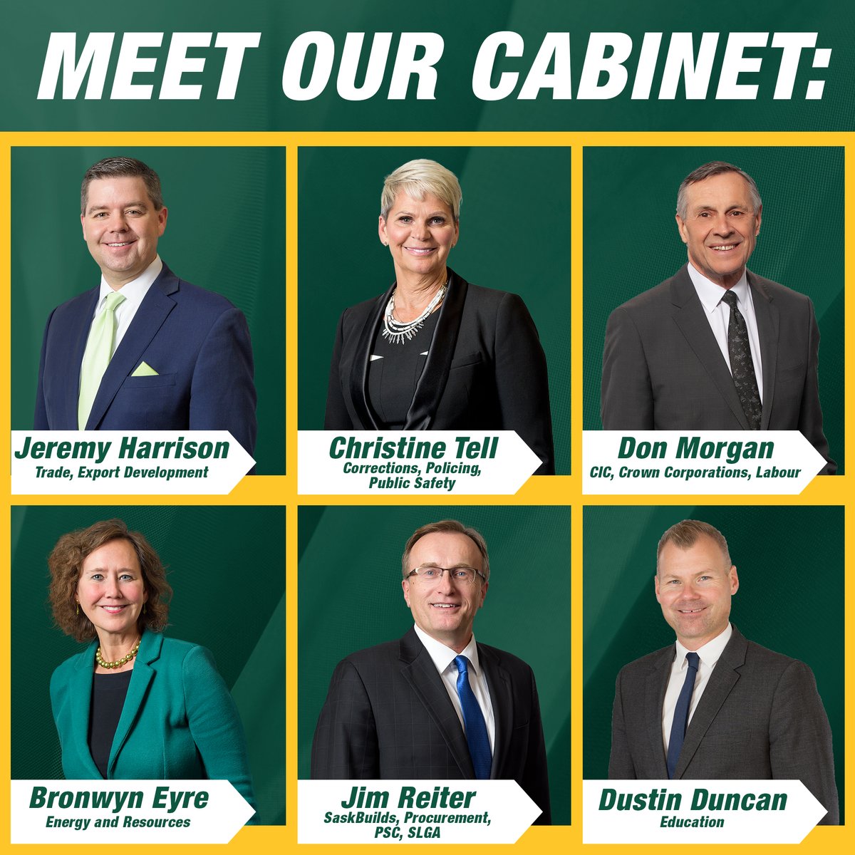 SaskParty's tweet photo. Yesterday Premier Scott Moe announced
changes to his cabinet. Here's some more members of
our team helping us build a strong recovery and strong
Saskatchewan!
#skpoli #StrongSaskatchewan https://t.co/t3NVQaphUC