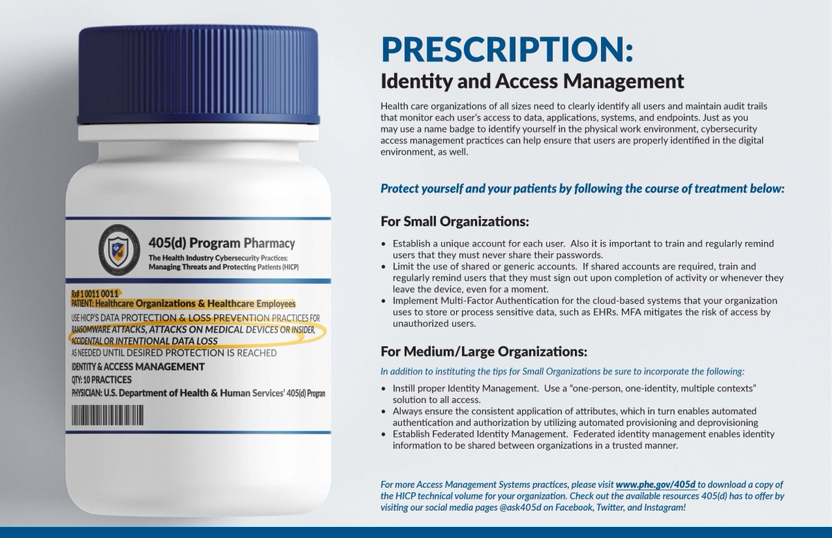 HHSCyber's tweet photo. Take a look at this prescription for Identity & Access Management from the 405(d) Pharmacy! Cybersecurity access management practices can help ensure that users are properly identified in the digital environment. Click the link to download: https://t.co/yKnRhKCUj0 #ask405d https://t.co/jmxlbRy9nG