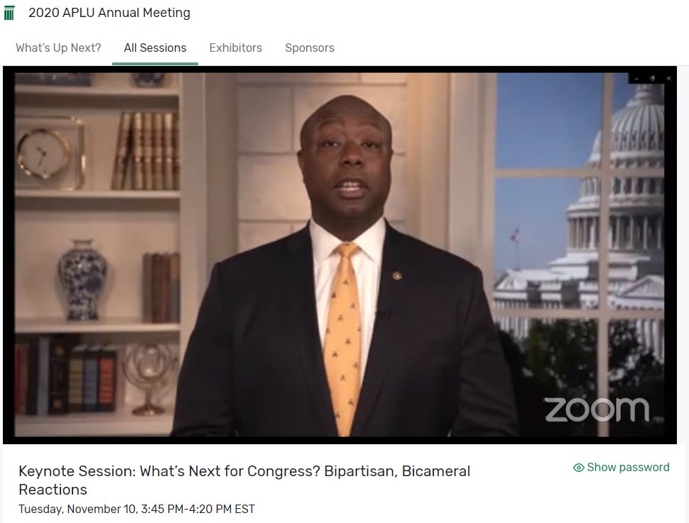 travisyork's tweet photo. That is a wrap on Day2 of #APLU2020! Wonderful to hear from my home-state (#SC!) @SenatorTimScott about the important role that Public Universities play in supporting healthy local and state communities. See you all tomorrow for something New & Exciting - Lightning Rounds! https://t.co/5LKsj7mhqo