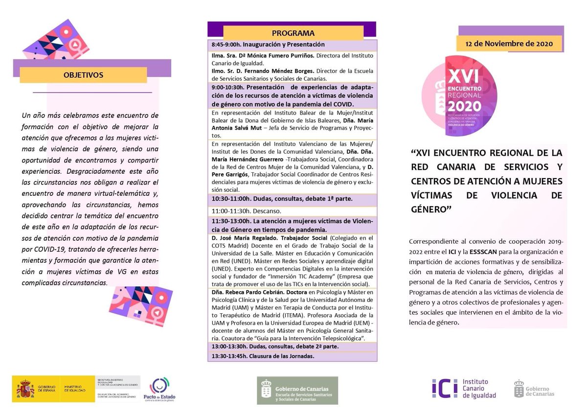 essscan's tweet photo. XVI ENCUENTRO REGIONAL DE LA RED CANARIA DE SERVICIOS Y CENTROS DE ATENCIÓN A MUJERES VÍCTIMAS DE VIOLENCIA DE GÉNERO (13456)
✍Matrícula gratuita
🗓12 de #Noviembre de 2020
👉 ➕ info y preinscripción aquí ⤵
https://t.co/Rrr2XcHpsh https://t.co/ufB8xZ5IUw