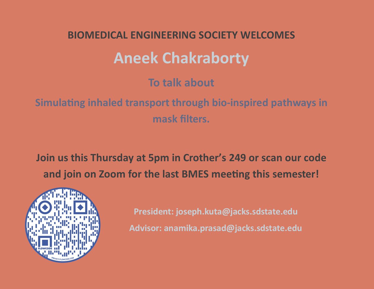 SDState_BMES's tweet photo. Please join us in person or via zoom for our speaker Aneek Chakraborty this Thursday, November 12th at 5pm. 
Join Zoom Meeting:
https://t.co/2egAyrvf8J
Meeting ID: 982 5440 3238
Venue: CEH 249 https://t.co/t9FPVMzX6e