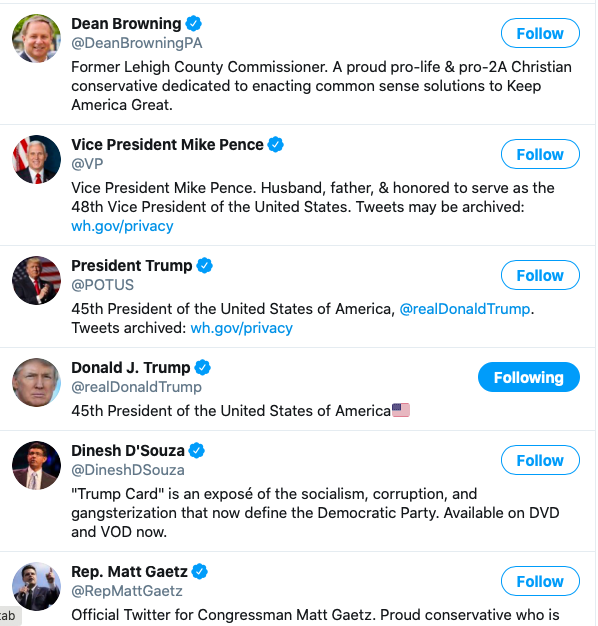 Here's a screenful of the accounts Purdy is following. One of these things is not like the others!