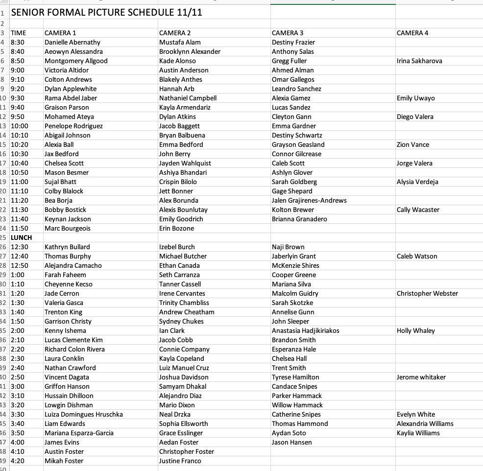 ChargerYRBK's tweet photo. SENIORS: If you missed previous senior picture days, we have scheduled you for tomorrow or Thursday. See the schedule attached. If out on quarantine still, email Mr. Waggoner at roy.waggoner@kellerisd.net. @KellerCentralHS @chs_classof21 https://t.co/t4lTJumHa2
