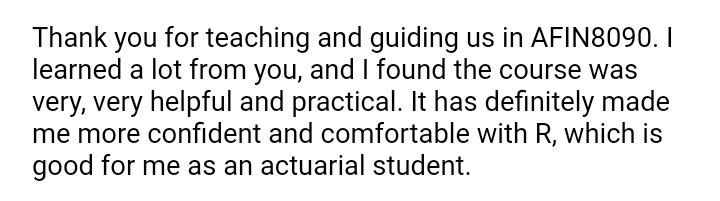 aksingh1985's tweet photo. I always focus on practical industry applications in my curriculum design. Its great to see that the students also appreciate that 👍 @tomsmith_tm @mlinnenluecke #rstats @DanDaugaard #DataScience #fintech #bigdata #actuarial https://t.co/XQd7gsQnfM