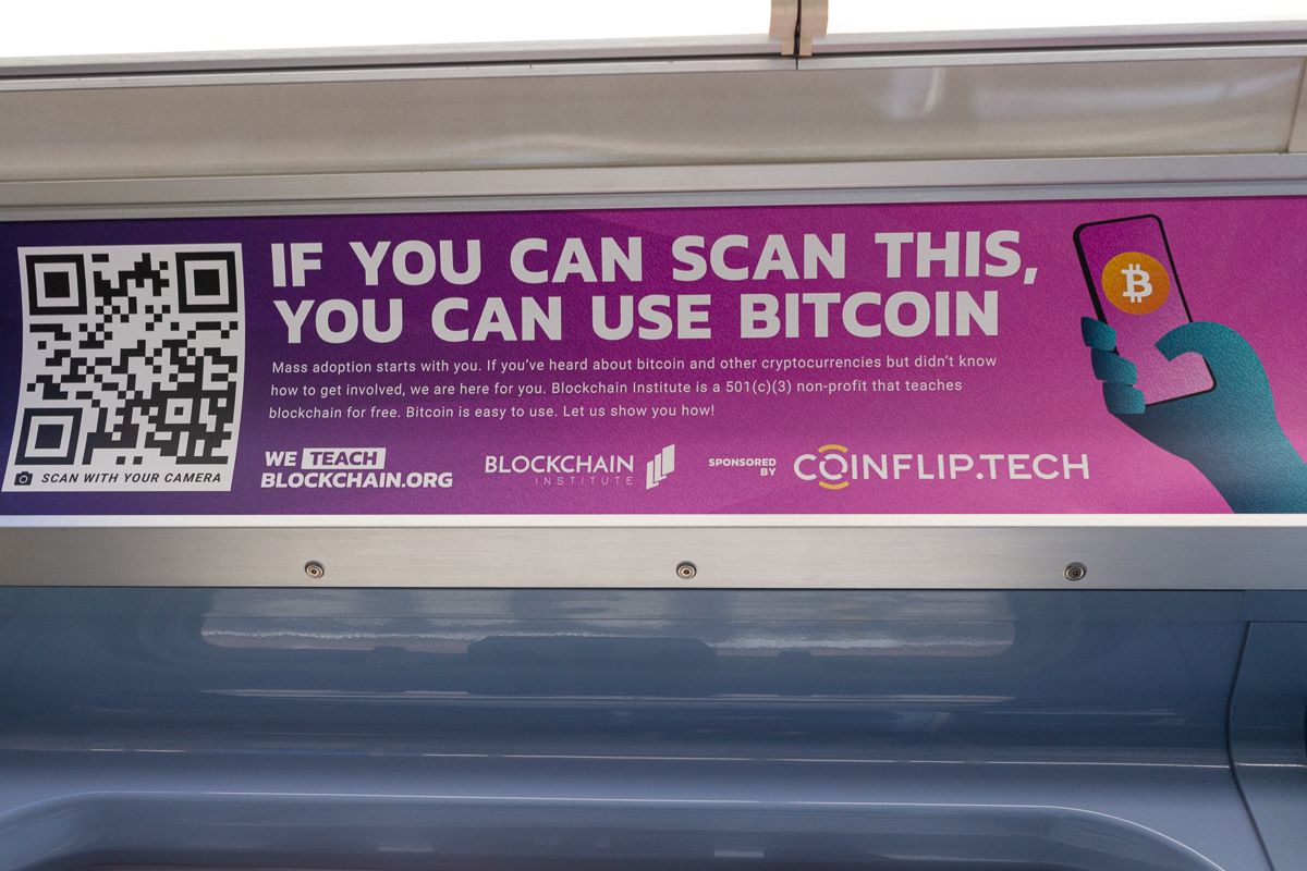 bchaininstitute's tweet photo. Hey #Chicago, if you see one of our cards on the #CTA, take a photo, share it, and tag us! #weteachblockchain @CoinFlipATM https://t.co/nqyWwZ1eBB