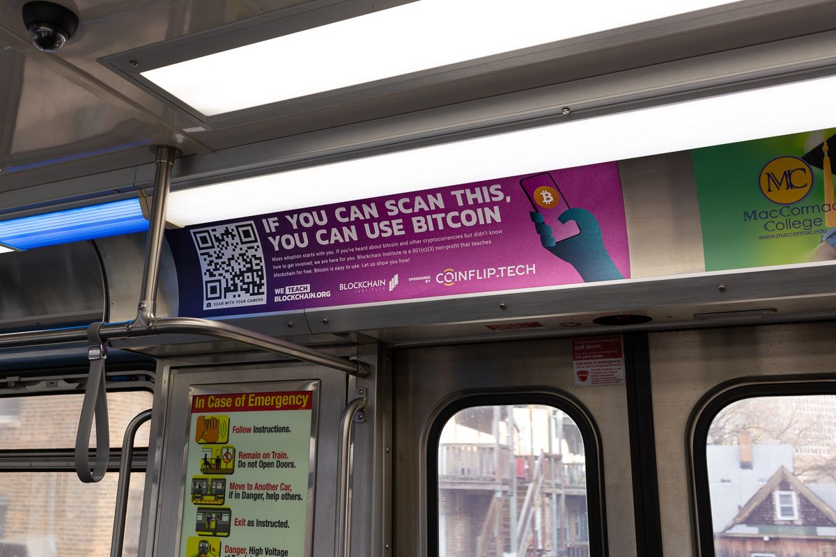 bchaininstitute's tweet photo. Hey #Chicago, if you see one of our cards on the #CTA, take a photo, share it, and tag us! #weteachblockchain @CoinFlipATM https://t.co/nqyWwZ1eBB