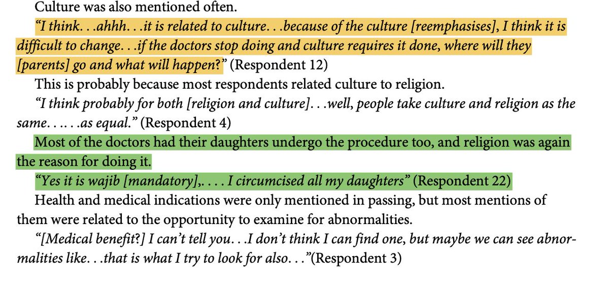Another finding from study: most of these female docs had, themselves, been circumcised at birth and had their own children circumcised -- also, if "we doctors" didn't do it, they say, it would just be done elsewhere! Better 2 "medicalize" & even look 4 health benefit (below) 11/