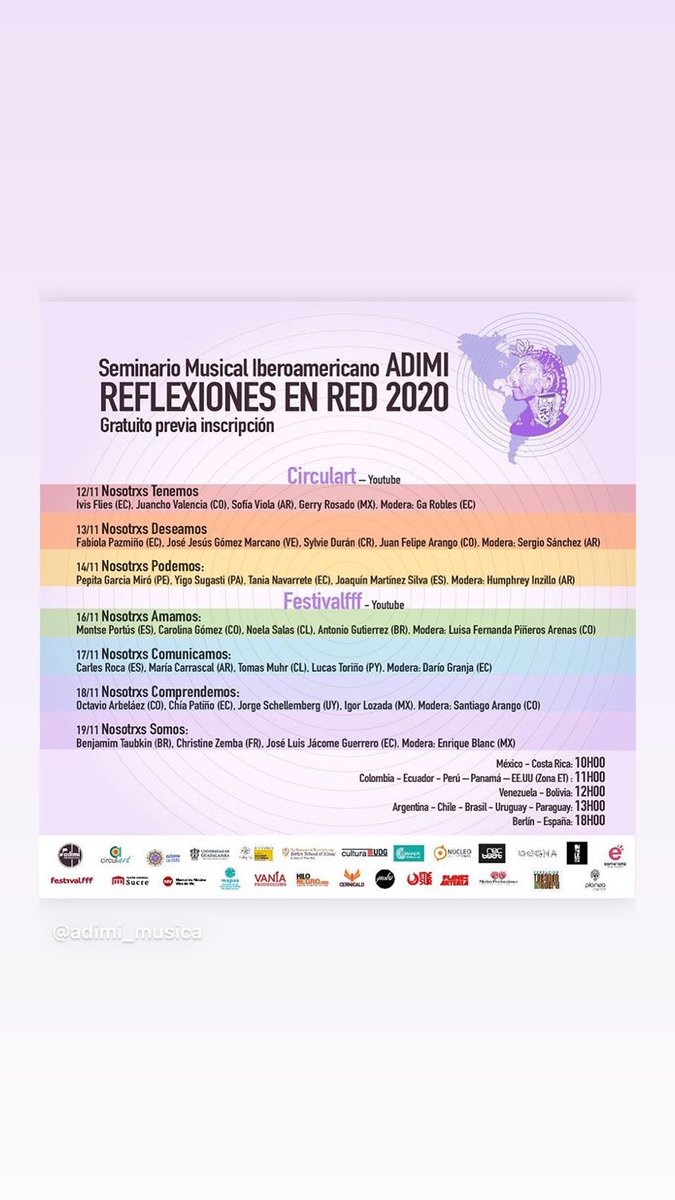 _MusicaDelSur's tweet photo. Dentro del marco de #Circulart2020 se llevará a cabo el Seminario Musical Iberoamericano @adimi_ los días 12, 13 y 14 de noviembre a través del canal de YouTube de #Circulart. Reflexiones en Red 2020
Inscríbete aquí: https://t.co/5nzrbfcXjI
#redmusical #adimi #industriamusical https://t.co/qY9bxK5vm6