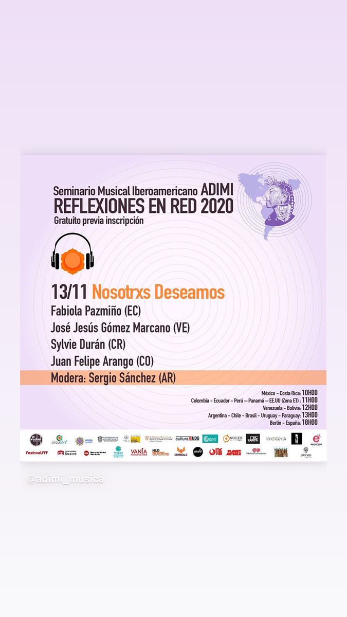 _MusicaDelSur's tweet photo. Dentro del marco de #Circulart2020 se llevará a cabo el Seminario Musical Iberoamericano @adimi_ los días 12, 13 y 14 de noviembre a través del canal de YouTube de #Circulart. Reflexiones en Red 2020
Inscríbete aquí: https://t.co/5nzrbfcXjI
#redmusical #adimi #industriamusical https://t.co/qY9bxK5vm6