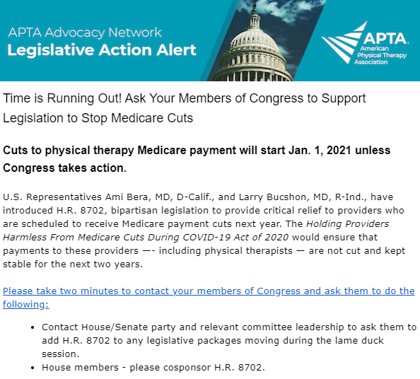 APTAOrthopedics's tweet photo. #HR8702 is a bipartisan bill that has been introduced in the House of Representatives to stop the 9% Medicare cut for PT services. W/o action a 9% cut in Medicare payments will take effect on Jan 1

Pls take 2 mins to contact your legislators https://t.co/RSw9aI8Zhu

#fightthecut https://t.co/ylkbnQD483