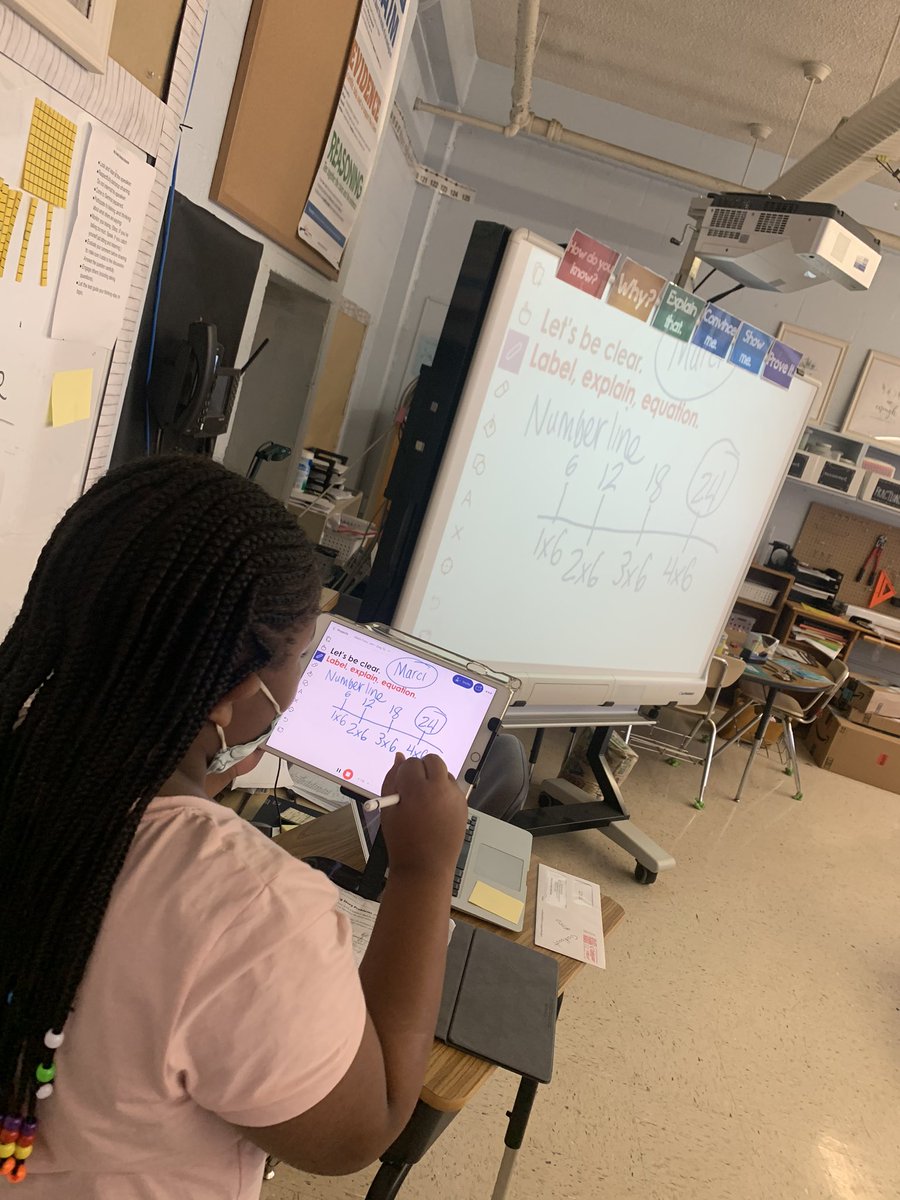 kngodbout's tweet photo. When half of the class is on zoom and the other half is sitting in the classroom. Using a math forum, Ss teaching their math models &amp; strategies #synchronousteaching #cslaSTEM https://t.co/e6OiZnOX1j