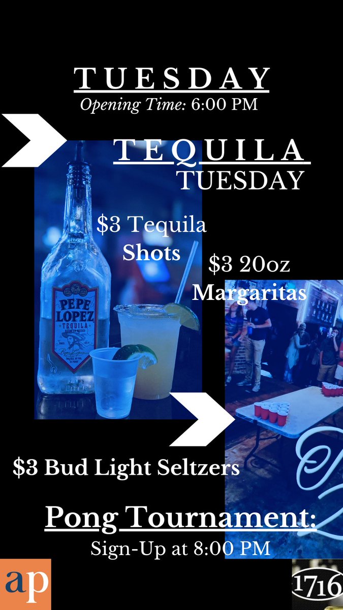 It’s Tequila Tuesday at 17-16 with the Pong Tournament sign-ups at 8 PM! Tournament starts at 9 PM!

$3 Tequila Shots
$3 20 oz Margs
$3 Bud Light Seltzers (all night)

<a href="/1716_Auburn/">17-16</a>