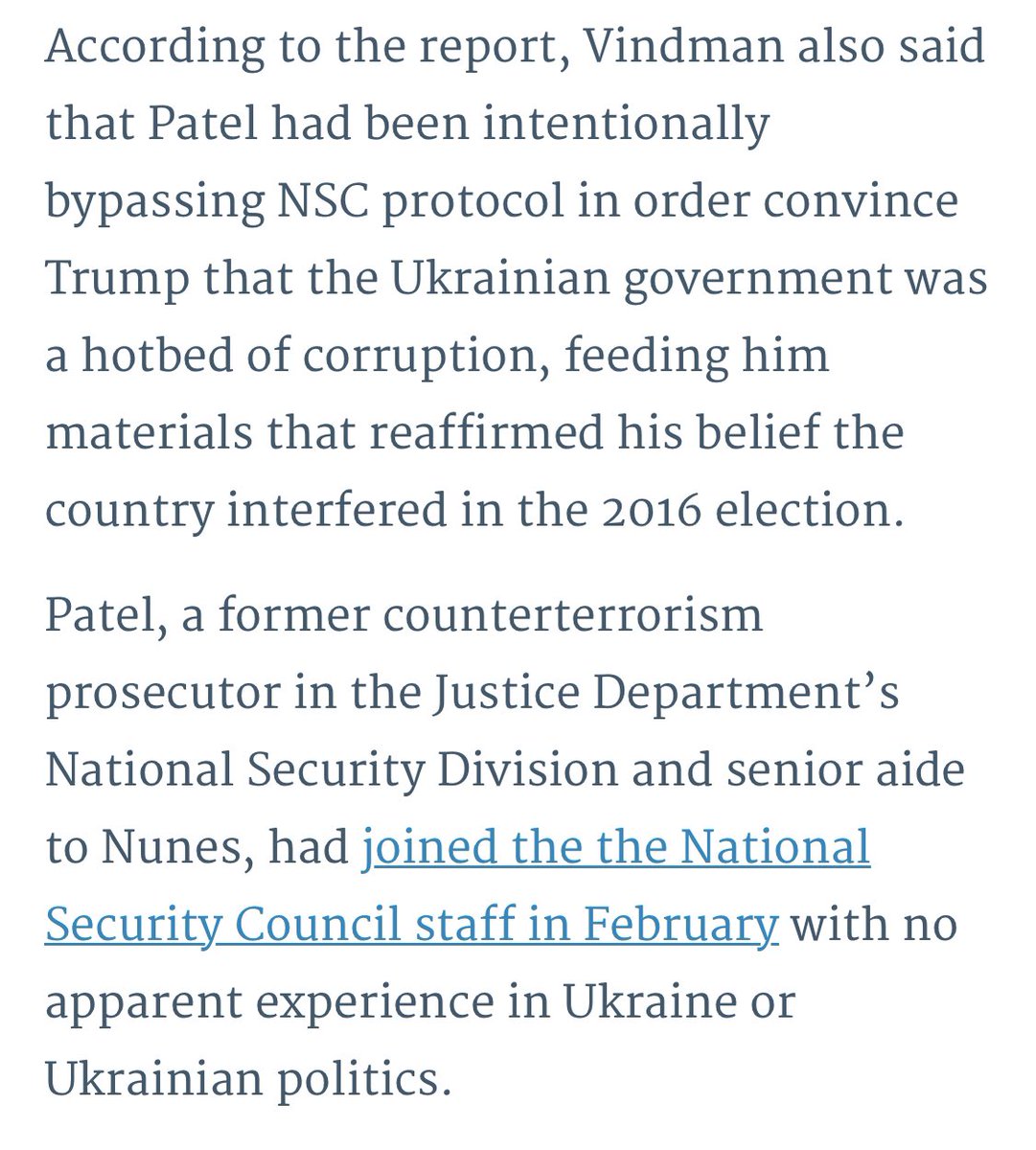 Interestingly,  @AVindman testified about both Patel and Ellis during the impeachment hearings. Re Patel, Vindman testified that he was eclipsed by Patel on the NSC, who presented himself as a “Ukraine expert” even though he wasn’t one  https://lawandcrime.com/high-profile/lt-col-vindman-says-author-of-the-nunes-memo-misrepresented-himself-as-ukraine-expert-to-trump/