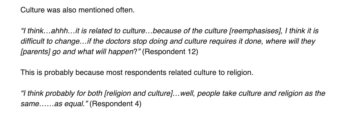But those are the very same reasons given by female Muslim Malaysian doctors as to why they perform "female circumcision" on newborn girls in a hospital environment in their country. From the new study: religion, culture, aesthetics all mentioned by doctors (see below) 10/