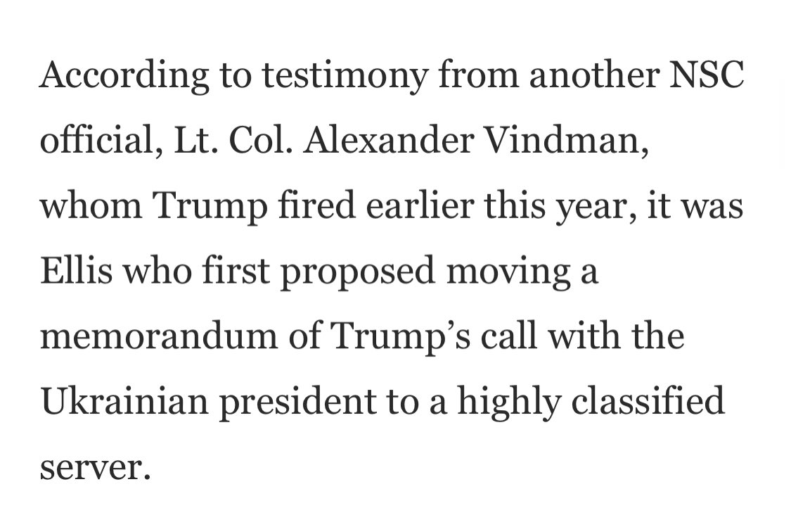 And Vindman testified about Ellis moving the Ukraine call to the codeword server  https://www.washingtonpost.com/national-security/former-gop-political-operative-michael-ellis-named-as-nsa-general-counsel/2020/11/09/8c7c025a-22cc-11eb-8672-c281c7a2c96e_story.html