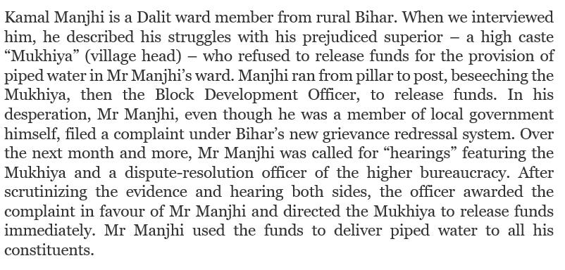 Thread:Here's one reading of the development story of Bihar in the recent Nitish years, told through the lens of local government and politics.We begin (see image) with Mr Kamal Manjhi of Darbhanga, an elected rural ward member:  https://blogs.worldbank.org/impactevaluations/something-complain-about-how-make-government-work-minorities-guest-post-mr-sharanSee link for more: