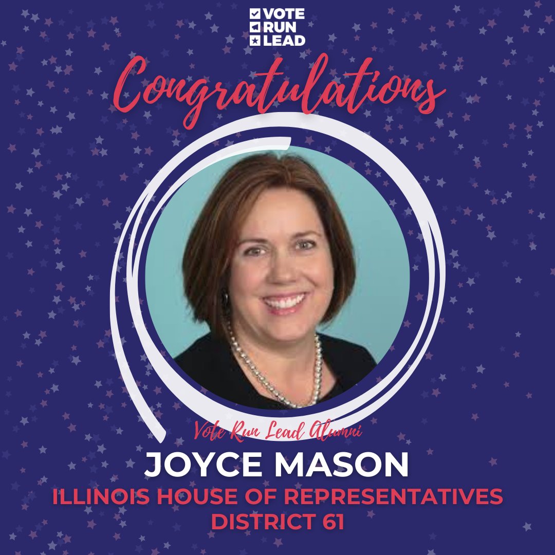 VoteRunLead's tweet photo. Congrats to another amazing incumbent and Vote Run Lead alum Joyce Mason on her re-election to the Illinois House of Representatives District 61!

@VoteJoyceMason

#RepresentationMatters #ElectMoreWomen #WomeninPolitics #VoteRunLead #VoteRunLeadAlum https://t.co/QrrQ4mUySk