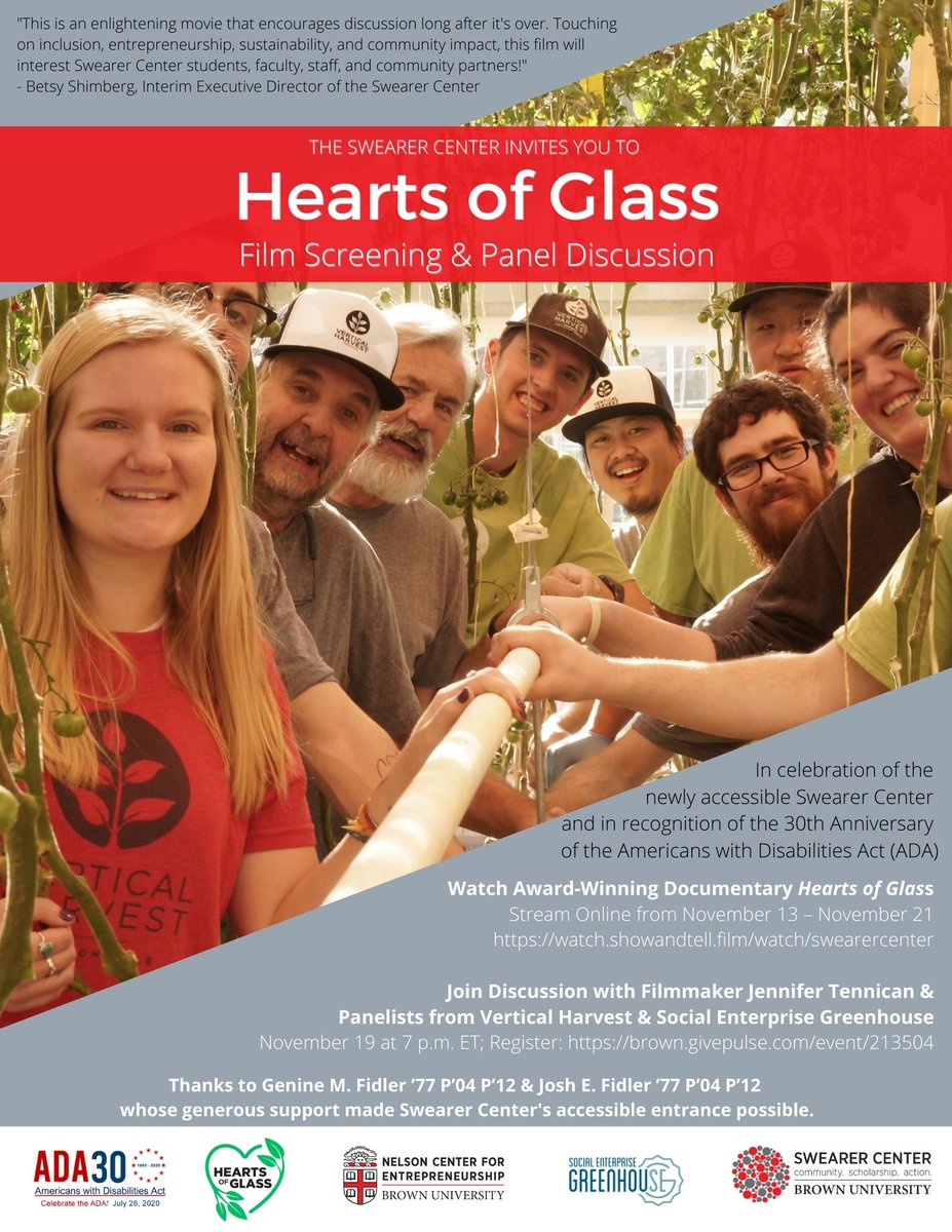 SwearerCenter's tweet photo. Join us for the Hearts of Glass Film Screening and Panel Discussion on Nov 19 at 7:00 p.m. ET. Thanks to our partners @BrownEship @segreenhouse  @HeartsGlassFilm @VerticalHarvest  #swearercommunity #ADA30 #HeartsofGlassFilm https://t.co/wocBAVYGb4
