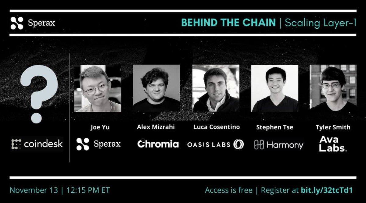 harmonyprotocol's tweet photo. 🍿 Come join @yujoe87 from @sperax_io, @killerstorm from @chromaway, @lcosent from @OasisProtocol, @tcrypt25519 from @avalabsofficial, and @stse from @harmonyprotocol discuss Scaling Layer 1 at #BehindtheChain this Friday the 13th. Join us for an insightful conversation. https://t.co/1txMSI6Muy