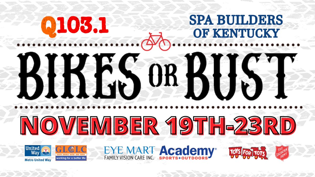 Q1031Louisville's tweet photo. Q103.1's #BikesorBust is back and ready to collect more bikes than ever for underprivileged children in Kentuckiana! For 103 hours, @TheGatorGlass & Magic Mike will broadcast LIVE from high atop a scissor lift 40 feet in the air starting November 19th!
https://t.co/kWPj1MYXIT https://t.co/9jG4ggmmYn