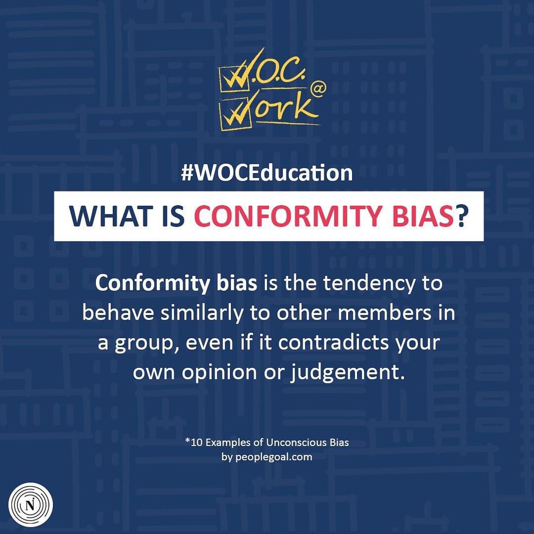 TheNorthStar's tweet photo. Conformity bias is one of the most common forms that take place within the workplace. Some women of color feel the need to behave similar to those within dominantly white workplaces as a way to be treated fairly and come off as professional.
#WOCatWork https://t.co/hrNcbv92ek