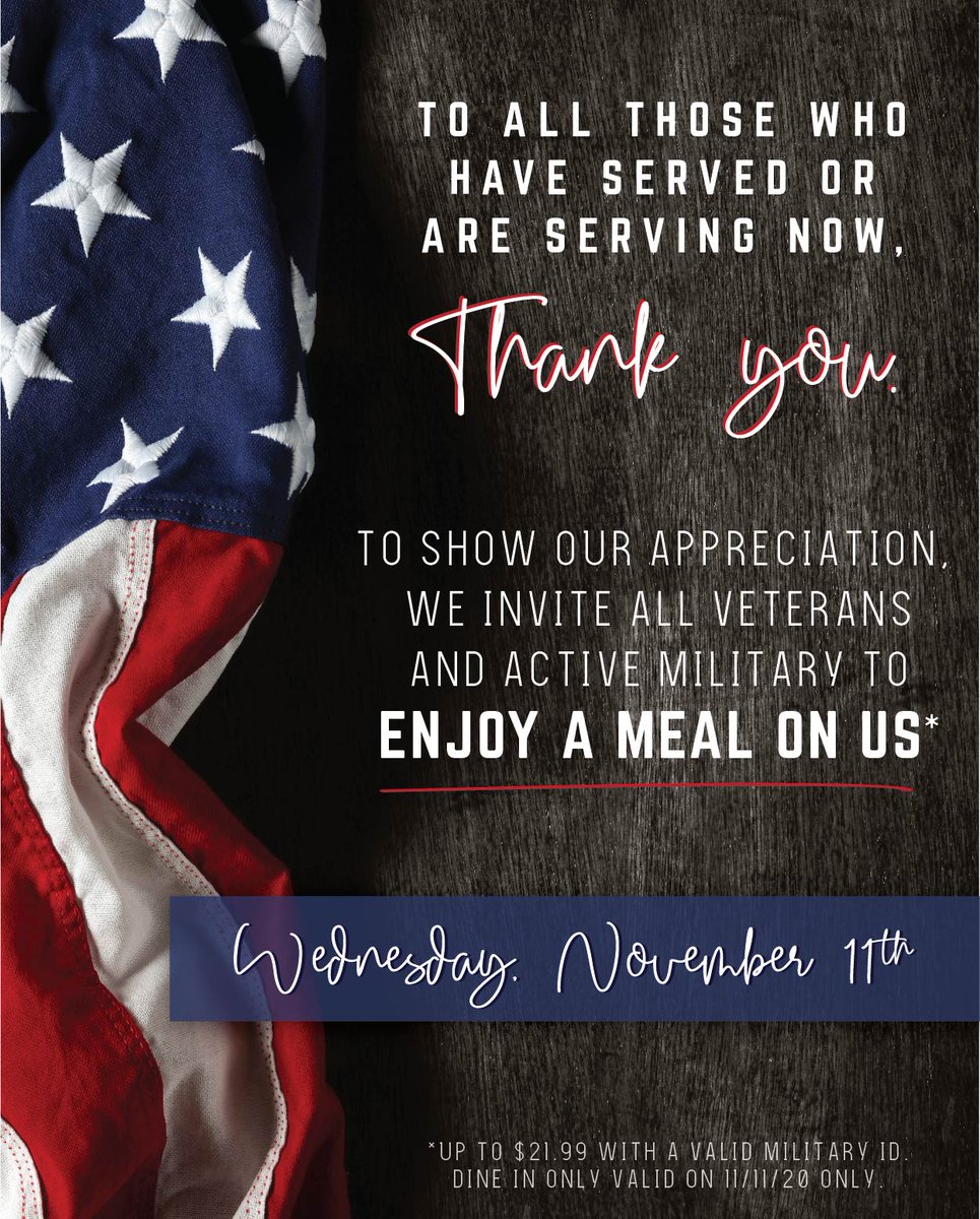 As a way of saying thank you to our Veterans, we hope all active military and veterans will join us tomorrow for a meal on us! ALL DAY and ANY ITEM! 🇺🇸
