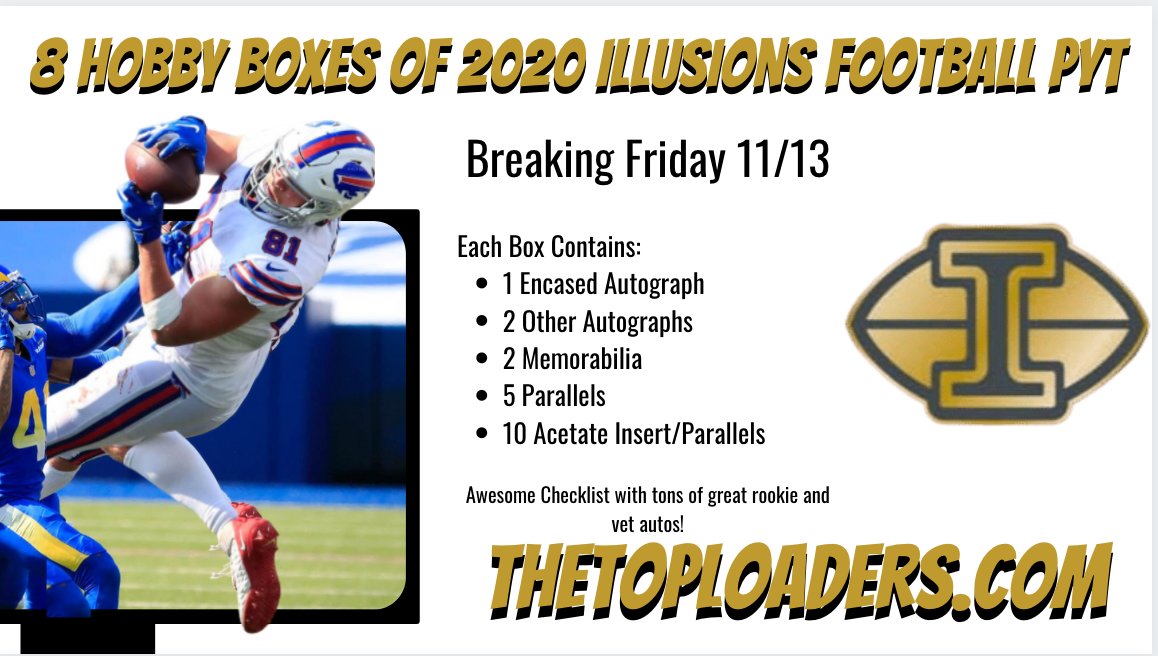 loaders_the's tweet photo. Illusions Football 8 Box PYT breaking this Friday!
Awesome Checklist with tons of great #rookie & vet autos!
Team prices start at $ππ
https://t.co/1reVedWm60
@HobbyConnector @Hobby_Connect #NFL #tua #burrow #illusionsfootball #panini #autographs #hobbyboxes #breaks #NFL2020 https://t.co/HrLAbHmzSe