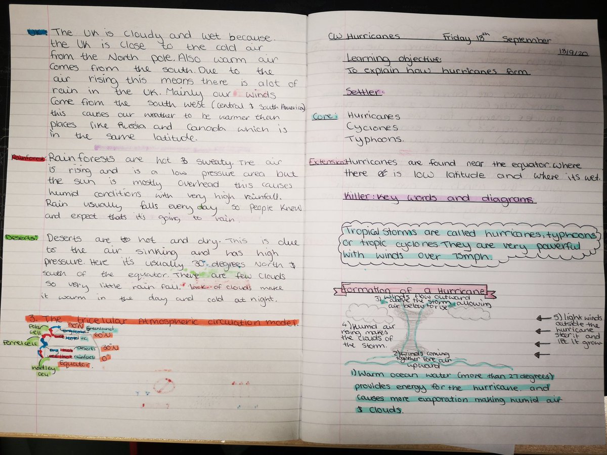 Geogra_bbie's tweet photo. It's so lovely to see so much pride in my year 10 books! 😍 I am so happy presentation standards are still so high, despite only marking assessments and work on paper! #aqaweather #prideinpresentation #geographybooks https://t.co/mJsbLw90fE
