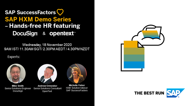 LGrubs's tweet photo. Join us to hear how SAP Solution Extensions for electronic signature and intelligent document management from DocuSign and OpenText bring speed of execution, flexibility and security to HR processes. @successFactors https://t.co/SLHvuPreG4 https://t.co/JFsd3kngIz https://t.co/CtpcPNsDha