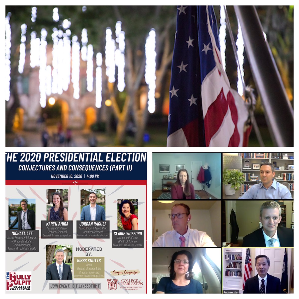 CofCHsu's tweet photo. Fascinating analysis by our distinguished @HSSatCofC faculty, moderated by Dean @GibbsKnotts, regarding the 2020 presidential election. There will be, no doubt, many books published about 2020! https://t.co/W6B8eJdOOy