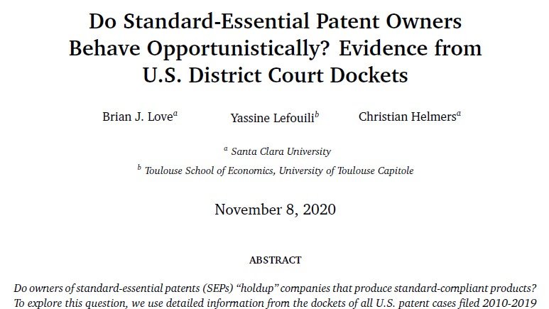 New working paper w/ <a href="/crhelmers/">Christian Helmers</a>  &amp; Yassine Lefouili. We identify US SEP cases filed 2010-19 &amp; search dockets for evidence of 11 opportunistic behaviors. We analyze determinants of these behaviors &amp; their effect on settlement. papers.ssrn.com/sol3/papers.cf…