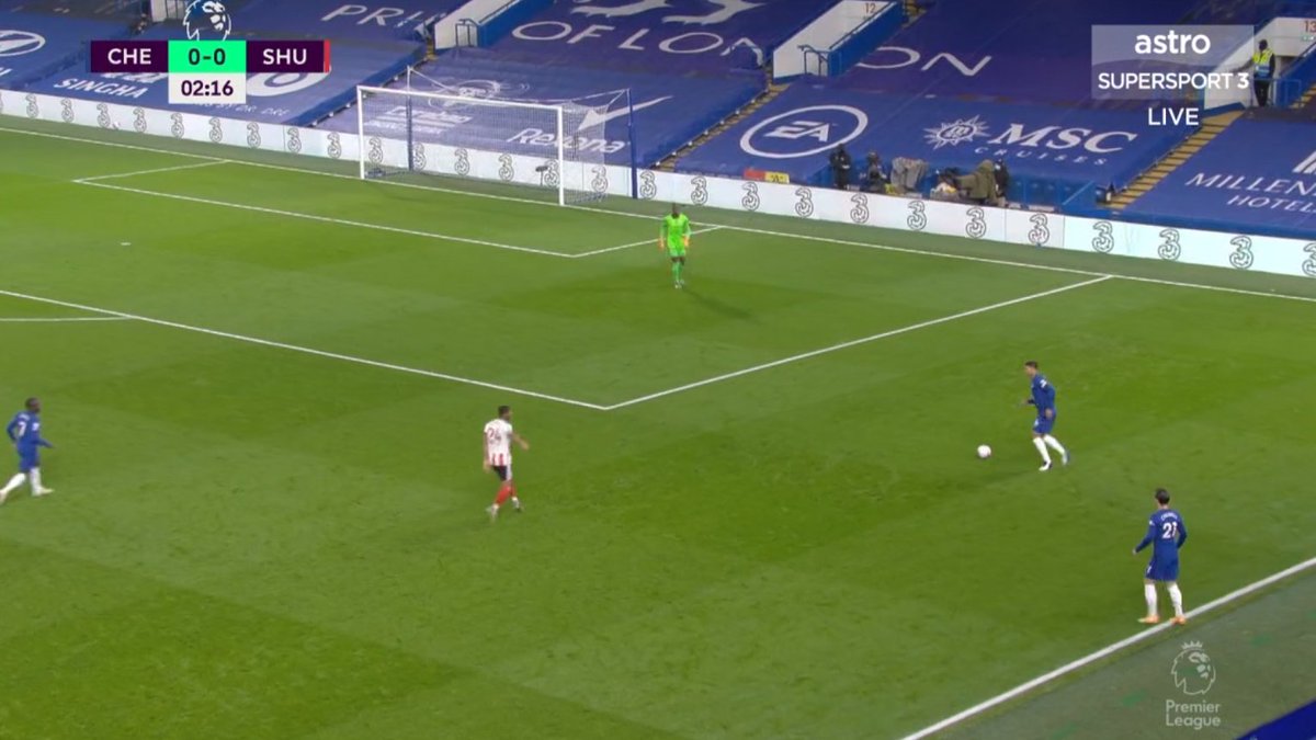 Silva is very important to how Chelsea start attacks. He initiates attacks with long balls or passing the ball to Mount for a switch of play. Here we immediately see Silva looking for a long ball to Reece to start the attack. Reece wins the header and Ziyech has space
