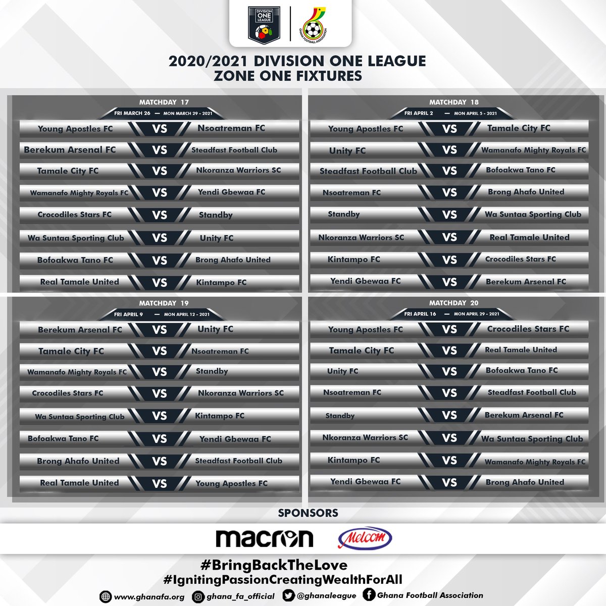 ghanafaofficial's tweet photo. Division One League Fixtures 2020/21
ZONE ONE -(Day 17-28)
#GHDOL
#BringBackTheLove https://t.co/mptkcHv36A