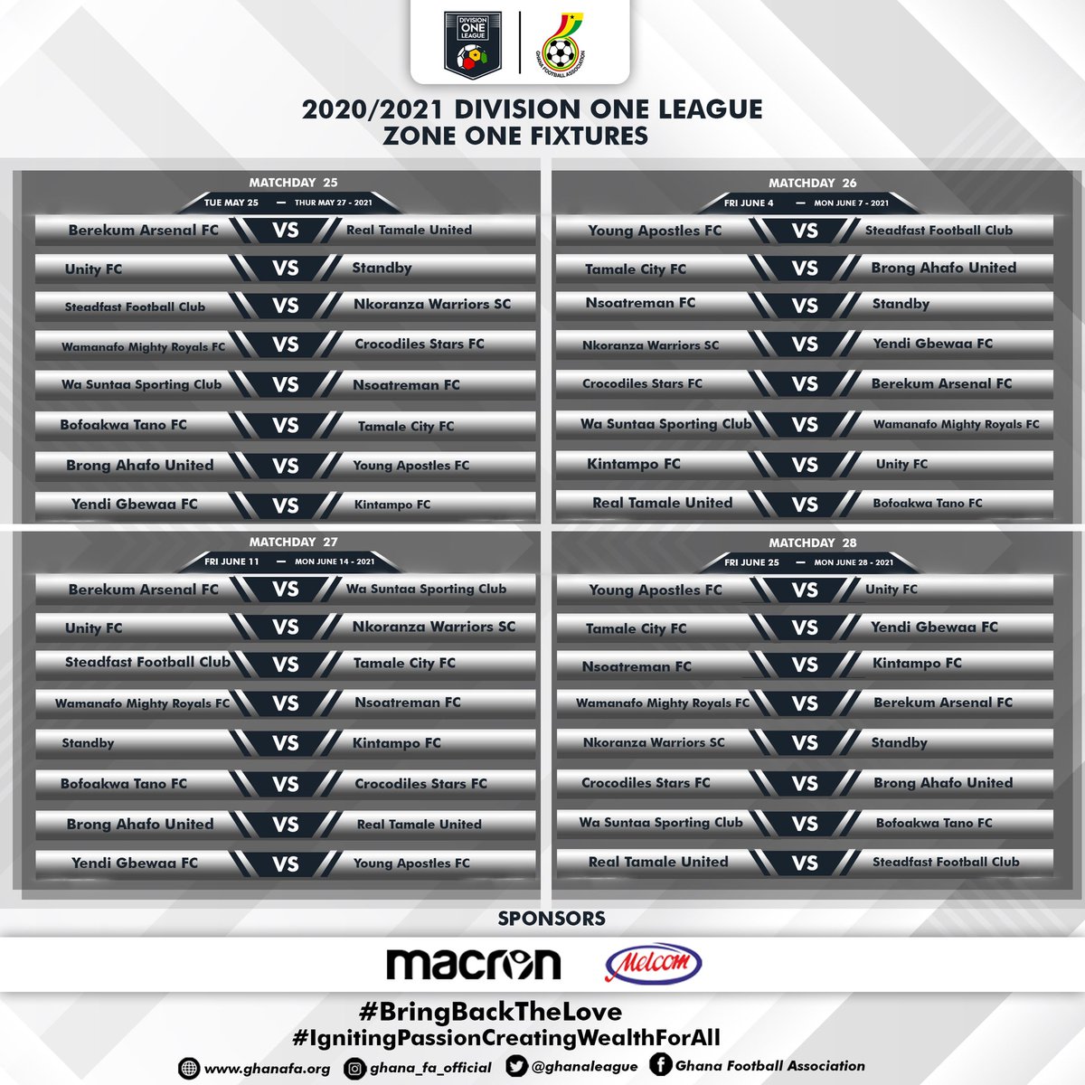 ghanafaofficial's tweet photo. Division One League Fixtures 2020/21
ZONE ONE -(Day 17-28)
#GHDOL
#BringBackTheLove https://t.co/mptkcHv36A