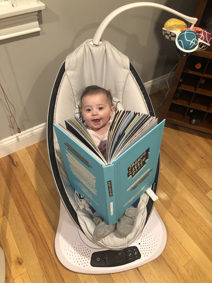Bstangas1's tweet photo. Our @jaggedmusical book arrived today.  Harper enjoyed some light reading. Clearly she’s already a big fan. @AntonioCip_ @celiargooding @PattenLauren @SeanAllanKrill @DerekKlena @janeybrucey @kathryng https://t.co/u0kcdt5uKw