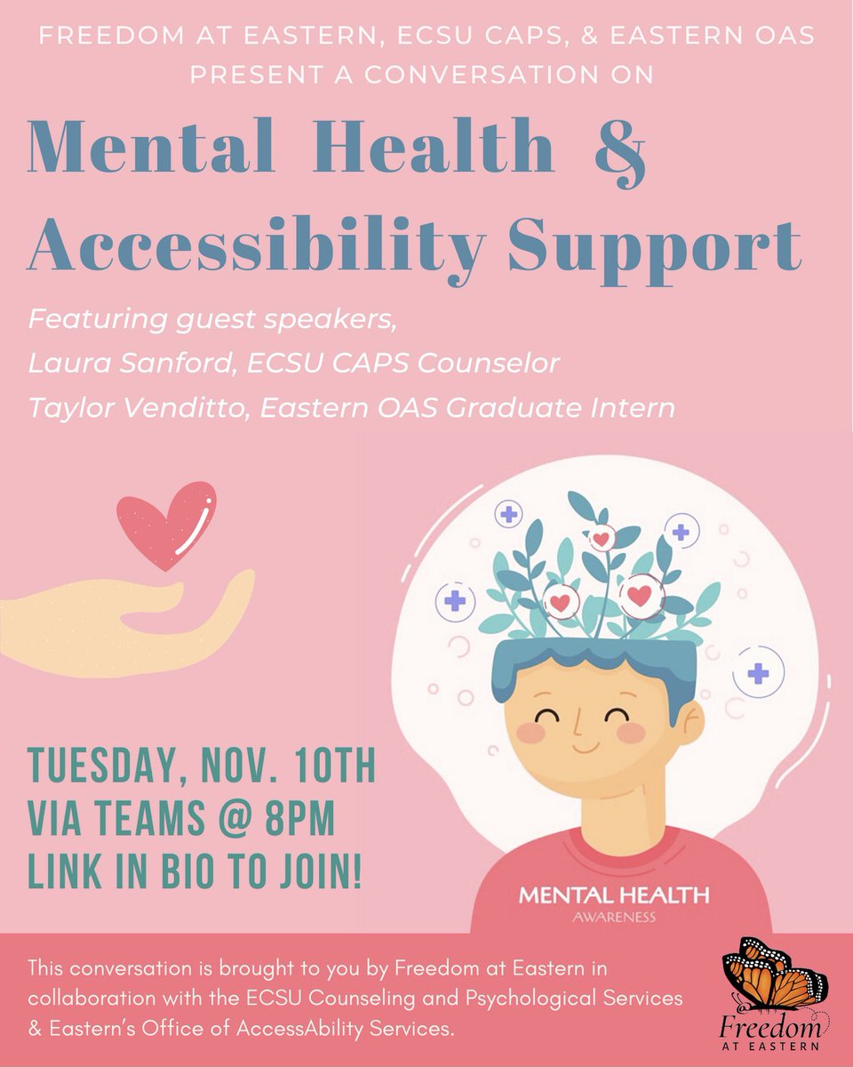 FreedomEastern's tweet image. Hey guys! Tonight’s meeting is a very special one as we’ll be hosting a conversation about mental health and accessibility support with CAPS &amp;amp; OAS! Be sure to join us on Teams at 8pm 🦋💛