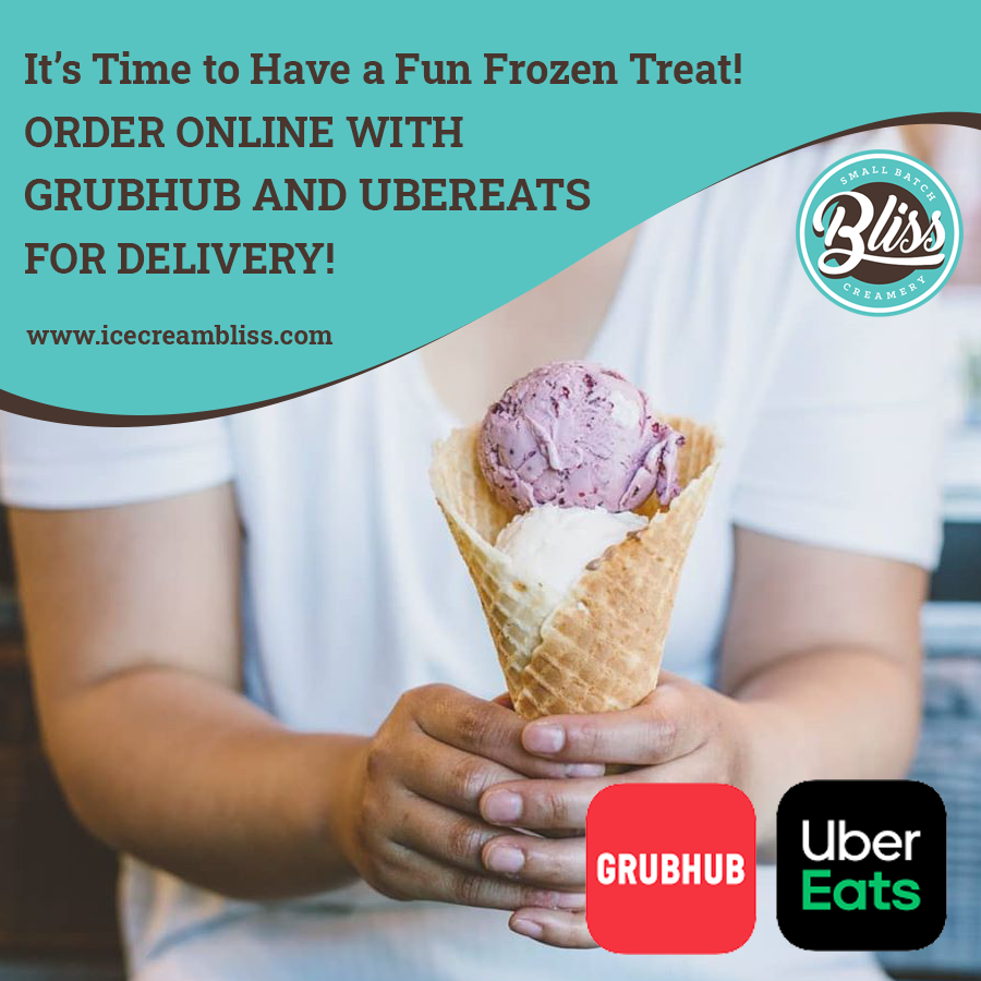 BlissSmallBatch's tweet photo. Chill out with our favorite frozen treats! Click https://t.co/vSDr4uVDnI to order online with GrubHub and UberEats for delivery. #BlissSmallBatchCreamery https://t.co/e2HM6ipYIz
