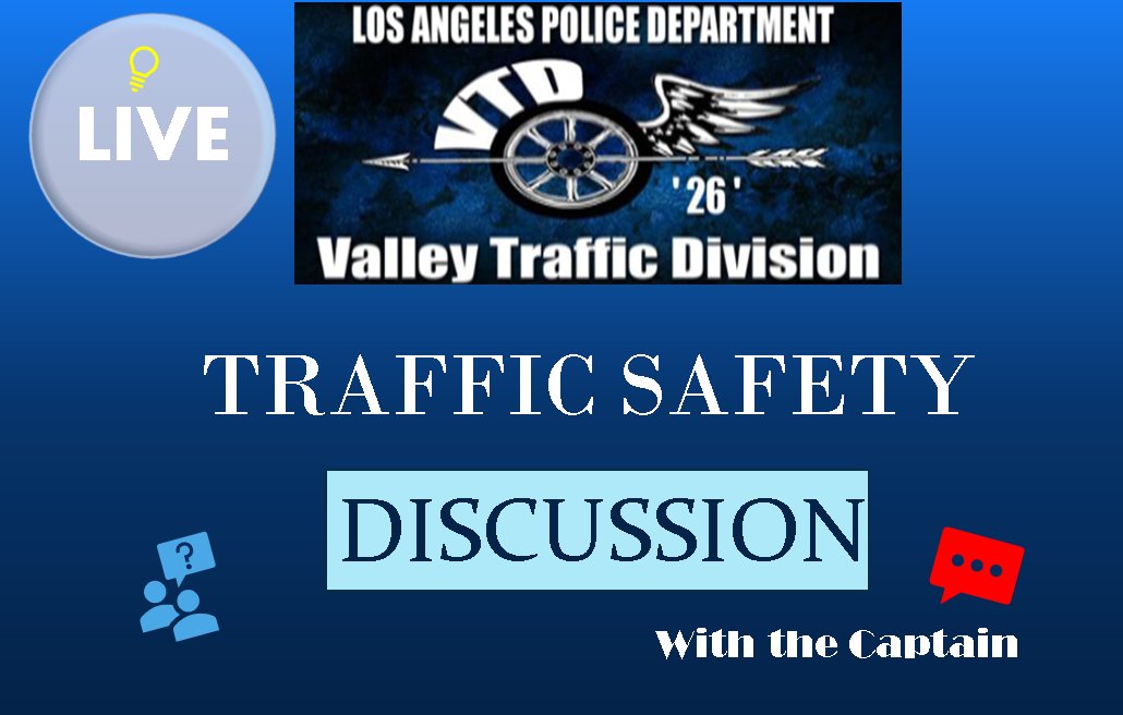 Please join us for a discussion on traffic safety in the San Fernando Valley Topic: LAPD Valley Traffic Safety Meeting Time: Nov 11, 2020 18:30 Pacific Time (US and Canada) Zoom Meeting LINK lapd.zoom.us/j/82428070093… Meeting ID: 824 2807 0093 Passcode: 702557 #LAPD @LAPDNeiman