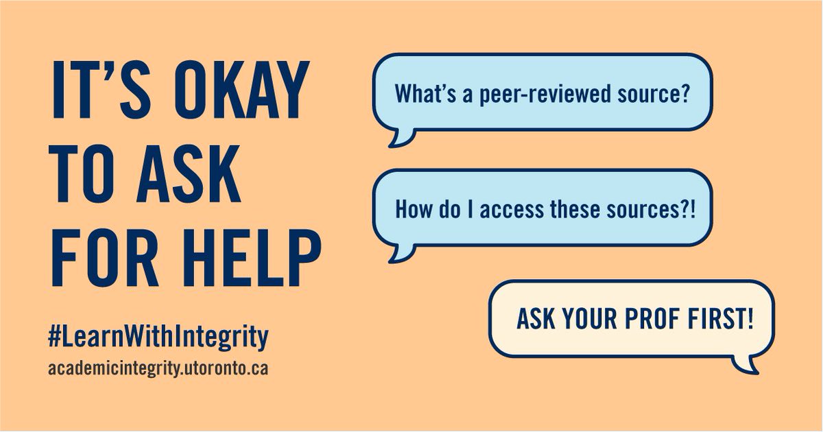UTM_AIU's tweet photo. Feeling unsure and uncertain about the work that
you do? There’s lots of help available. Always ASK
first! Your profs, TAs, writing centres and librarians
are ready to help. Visit
https://t.co/MfGOC37DF0 for more smart
strategies! #LearnWithIntegrity https://t.co/CWIxE7GRgq