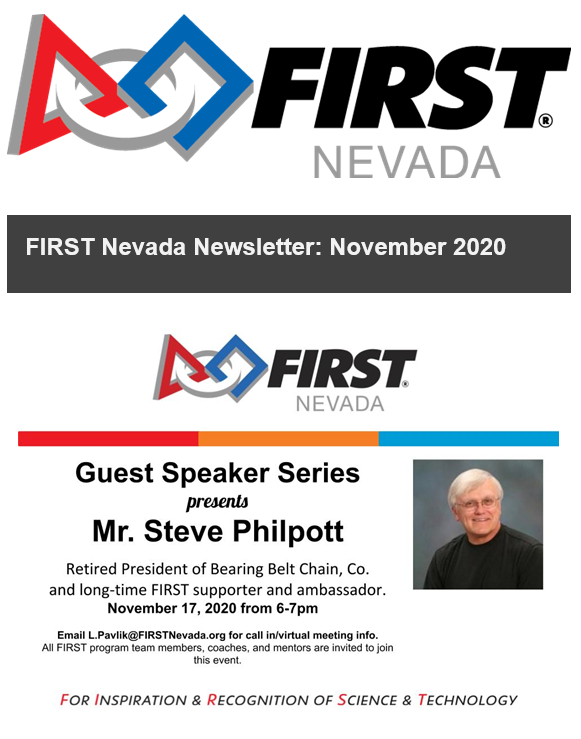 NevadaRobotics's tweet photo. Be sure to check out the @firstnevada November newsletter! For information on upcoming events, scholarships, and more visit this link: https://t.co/dguAWIpEHW
#STEM #FIRST #NevadaRobotics https://t.co/3RHAGpZ5cb