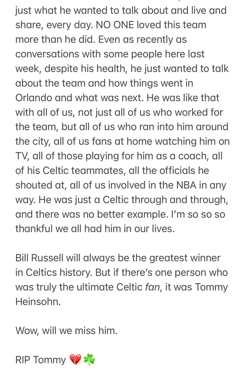 mikezarren's tweet photo. Growing up, I was always proud to say I was the biggest celtics fan. But really it wasn’t close. It wasn’t me, or you, or your dad, or some guy on the Jumbotron - it was Tommy Heinsohn. ... RIP Tommy 💔😔☘️ https://t.co/yCAb6ERwjo
