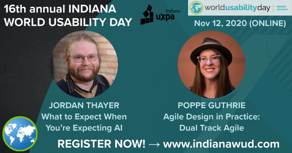 Excited to be speaking on two topics for <a href="/IndianaUXPA/">Indiana UXPA</a>  #wud2020! <a href="/drbass/">Steven Klemm</a>  and myself will be speaking on considerations with #ai enabled #products. I'll also speak on #dualtrackagile and working as a #crossfunctional product team!  📅Nov. 12th👉indianawud.com #uxdesign