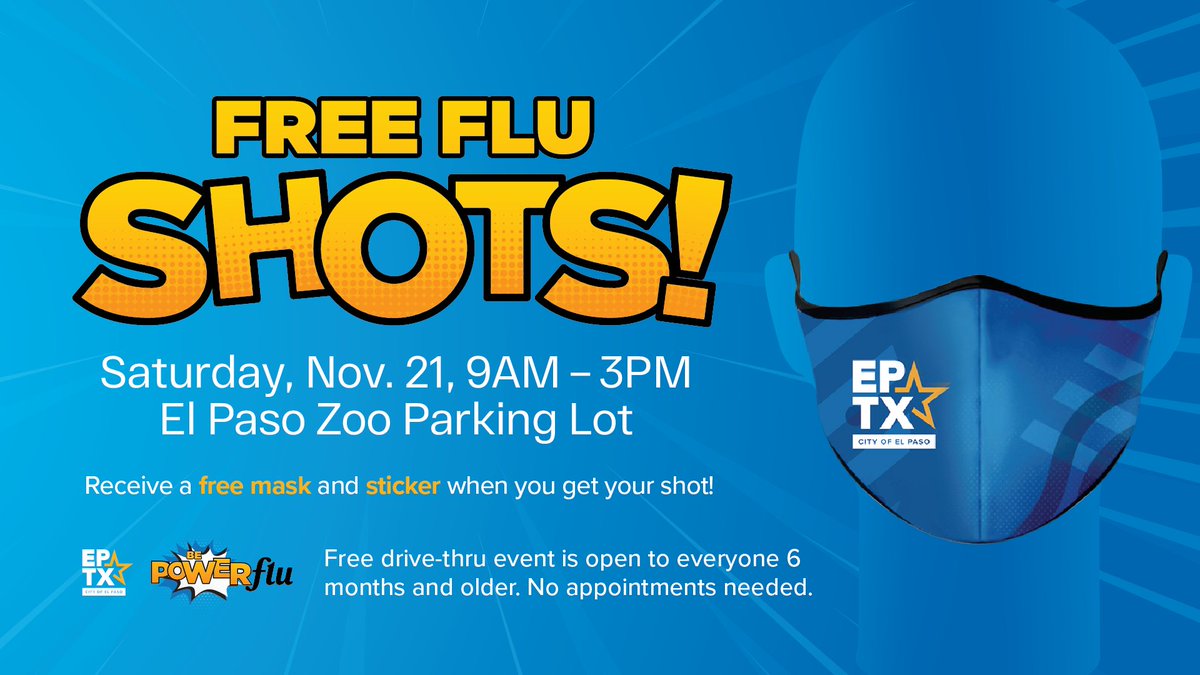 ElPasoTXGov's tweet photo. Next Saturday, stop by the @ElPasoZoo from 9AM to 3PM to get you free flu shot! Everyone who receives their shot will get a free face mask, sticker, and be entered to win a gift basket or 1 of 2 Christmas wreaths.
Don't miss out! Tag your friends, spread the word and #BePOWERflu https://t.co/4O5pzEPTO0
