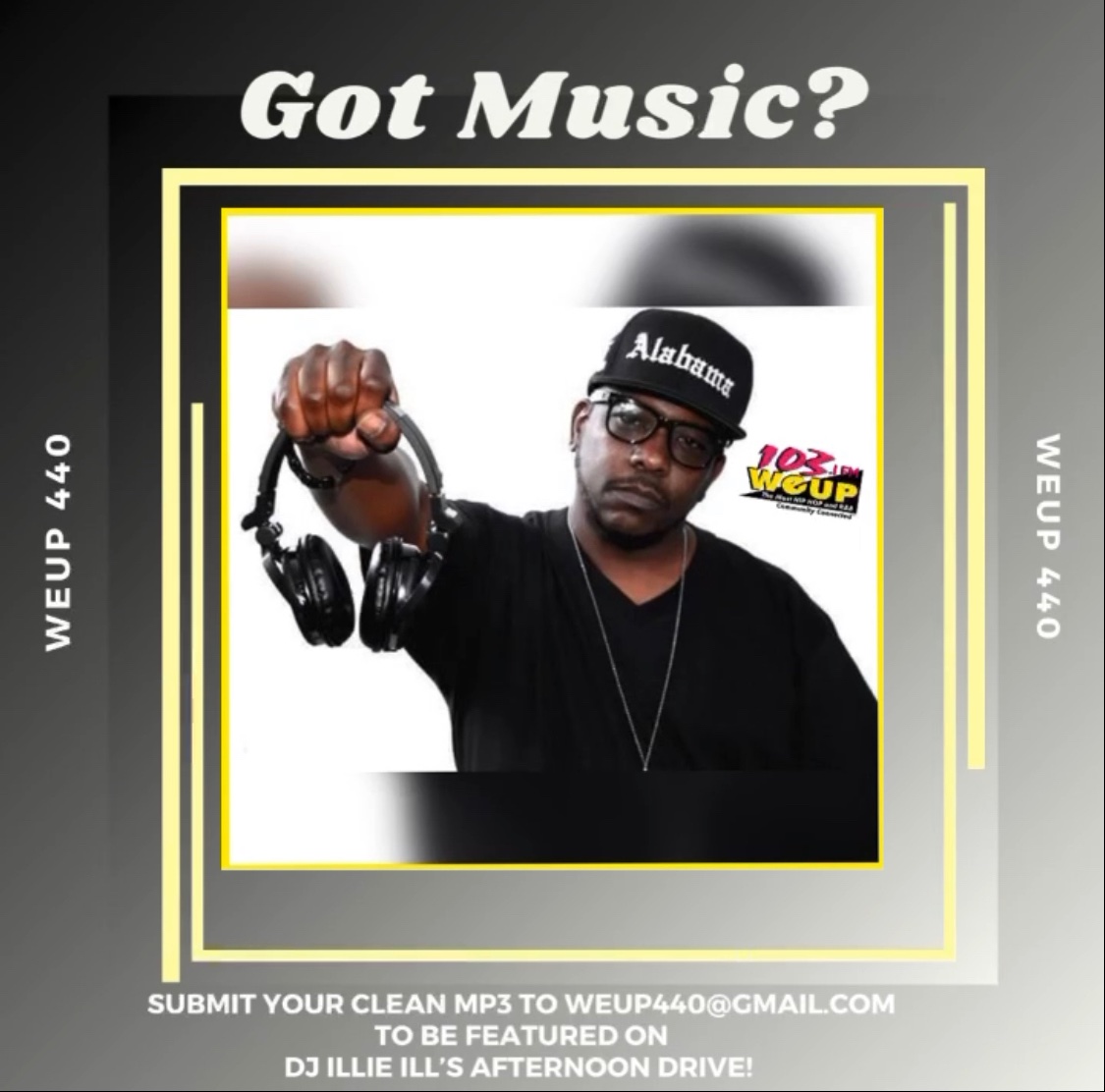 Want your music heard?
Submit your CLEAN mp3 to weup440@gmail.com to be featured on <a href="/djillieill/">illie ill</a> Afternoon Drive! 
Listen in each weekday to hear at 4:40! 

•Be sure you download our mobile app and listen anywhere!