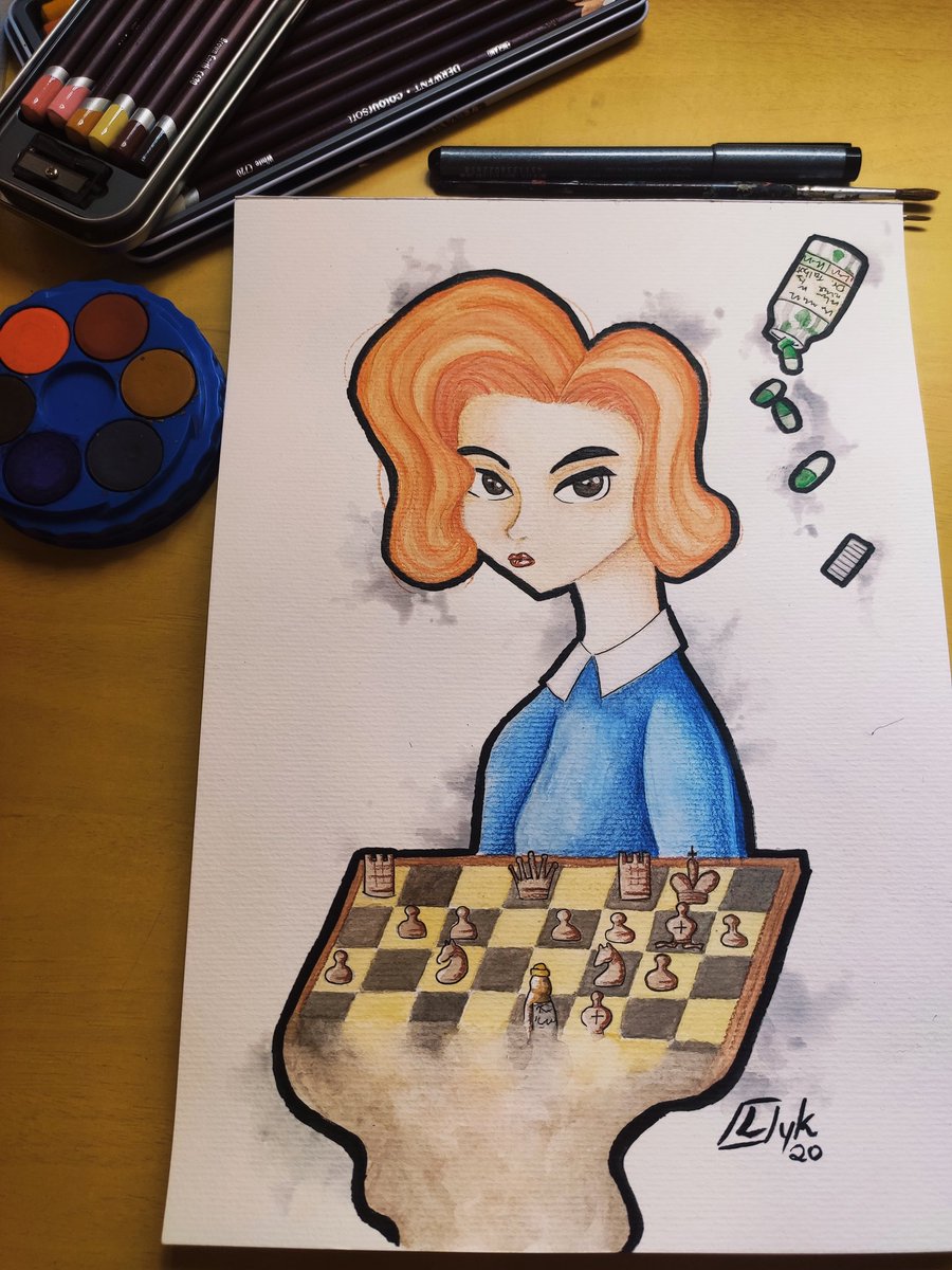 BmoLyk's tweet photo. Another drawing that was on my mind for a while! The Queen's Gambit touched me in a way...that no words can describe it properly ♟️💘
  Highly recommend!

#bethharmon #thequeensgambit #chessplayer #womenrule #netflixseries #watercolordrawing #derwentpencils https://t.co/hSikZmVkin